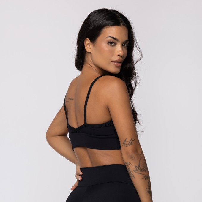 Top Preto Athletic Franzido em Poliamida