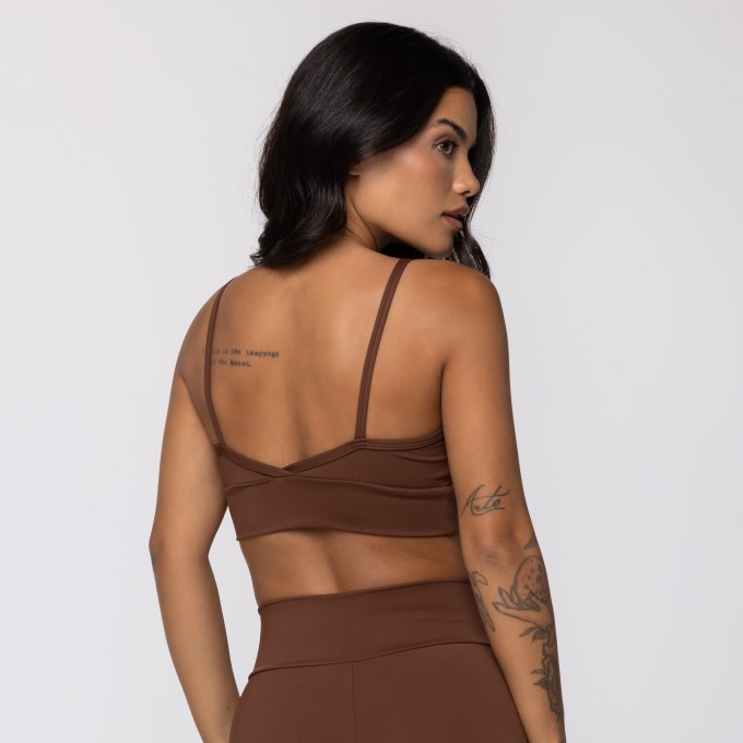 Top Marrom Athletic Franzido em Poliamida