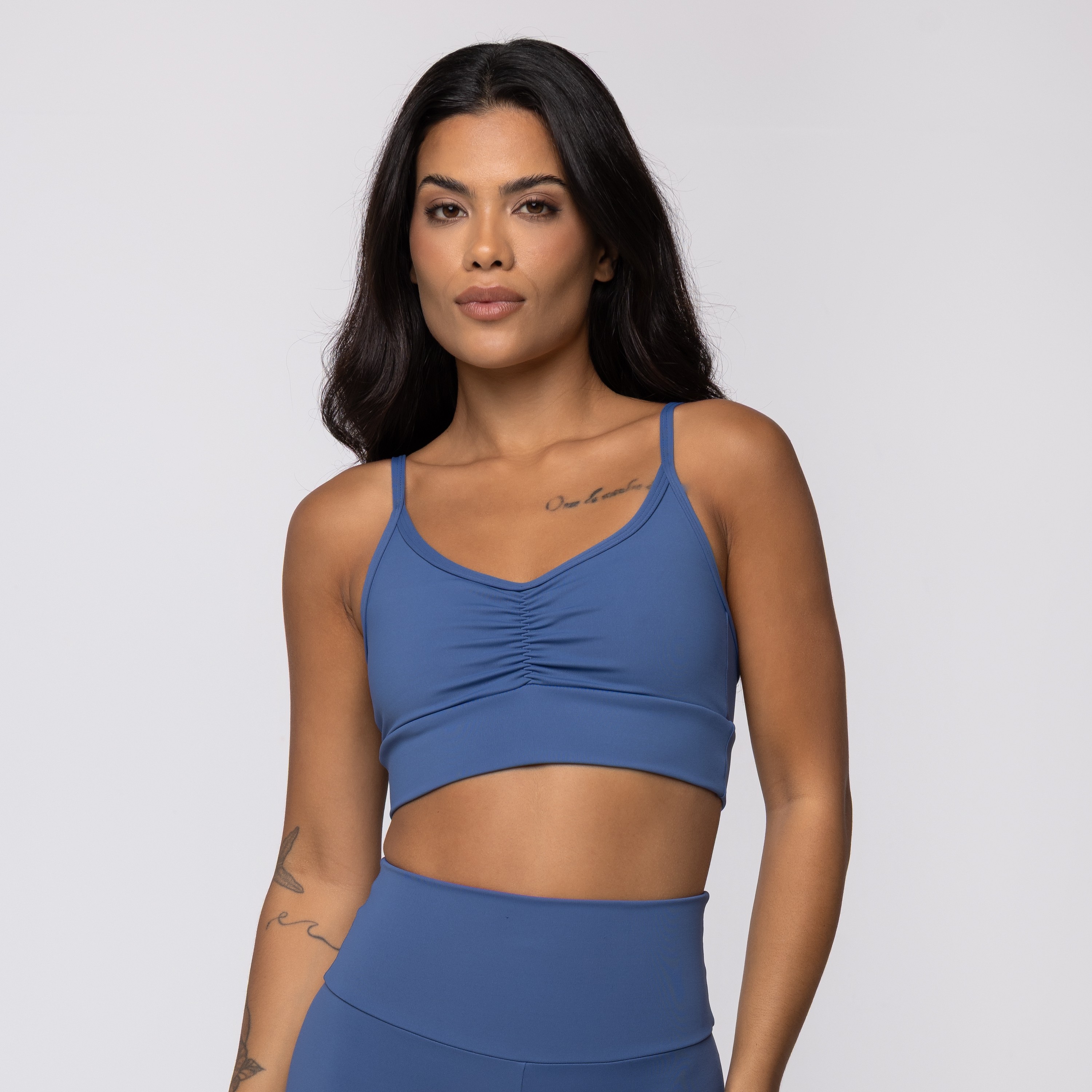 Top Azul Luxo Athletic Franzido em Poliamida