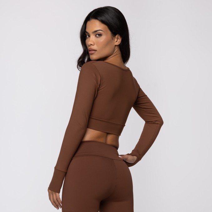 Top Marrom Manga Longa Athletic em Poliamida