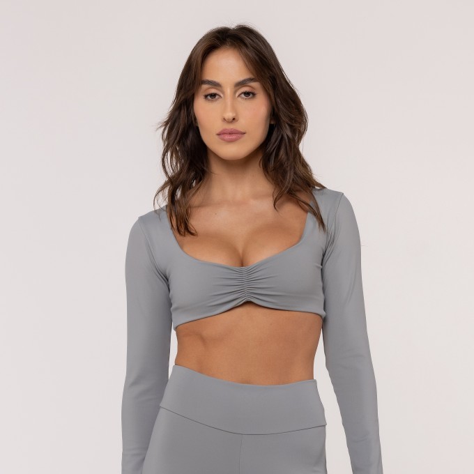Cropped Cinza Lua Nova Manga Longa Classic Com Franzido Frente