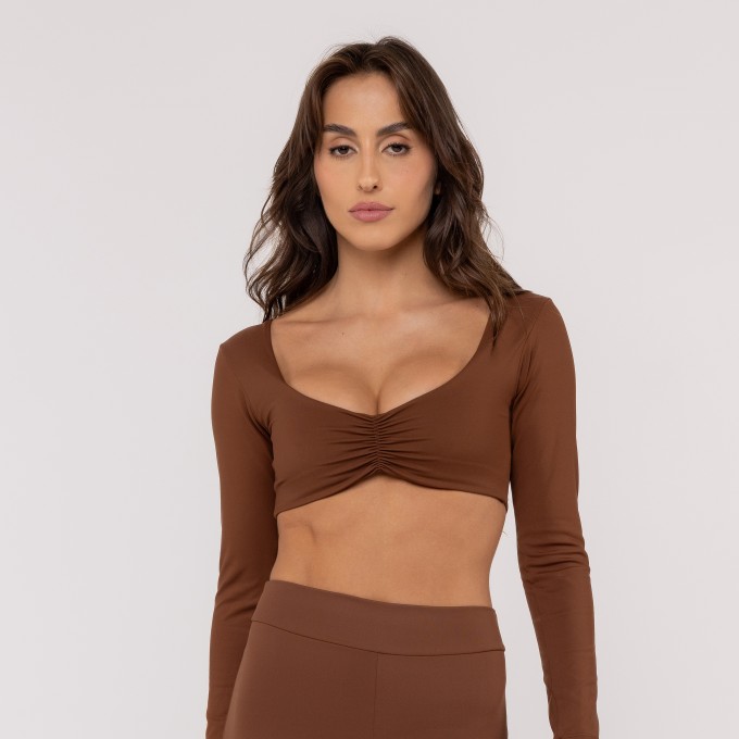 Cropped Marrom Manga Longa Classic Com Franzido Frente